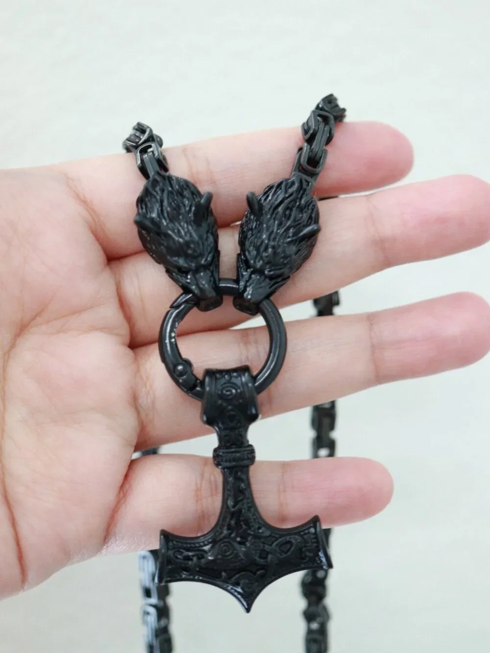 Thor Hammer Viking Style with Wolf Byzantine Chain Necklace Black Stainless Stee